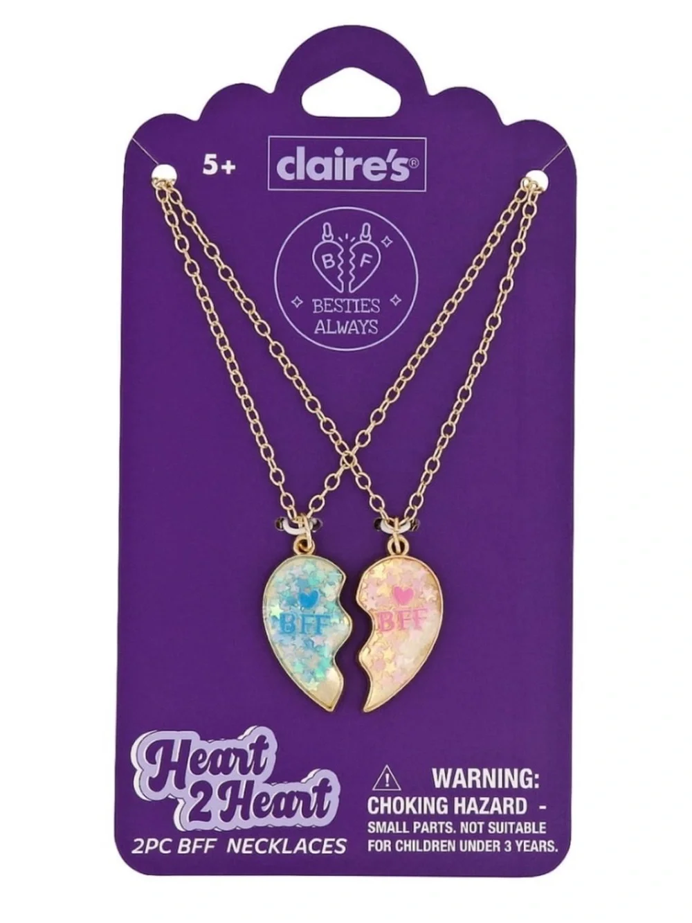 Claire's Gold-tone BFF Heart 2-Piece Necklace Set - Blue & Pink Glitter